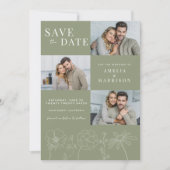 Sage Green Elegante Bloemen Vier Foto Huwelijk Save The Date (Voorkant)