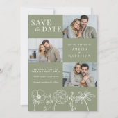 Sage Green Elegante Bloemen Vier Foto Huwelijk Save The Date (Voorkant)