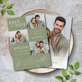 Sage Green Elegante Bloemen Vier Foto Huwelijk Save The Date