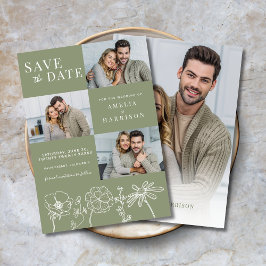 Sage Green Elegante Bloemen Vier Foto Huwelijk Save The Date