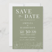 Sage Green Elegante Bloemenlijn Kunst Trouwen Save The Date (Voorkant)