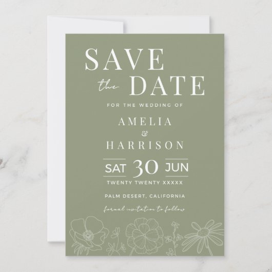 Sage Green Elegante Bloemenlijn Kunst Trouwen Save The Date (Voorkant)