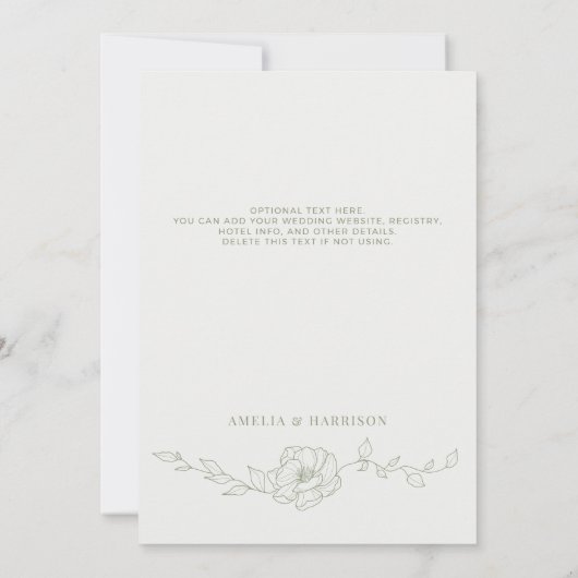 Sage Green Elegante Bloemenlijn Kunst Trouwen Save The Date (Achterkant)