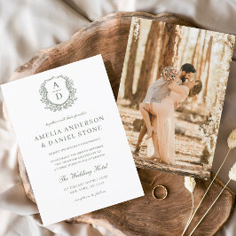 Sage Green Elegante Bloemkam Monogram Huwelijk Kaart