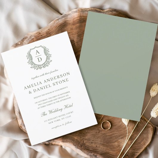 Sage Green Elegante Bloemkam Monogram Huwelijk Kaart