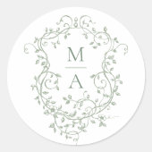 Sage Green Elegante Bloemkam Monogrammen Ronde Sticker (Voorkant)