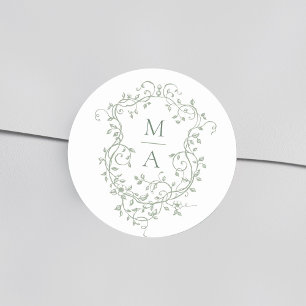 Sage Green Elegante Bloemkam Monogrammen Ronde Sticker