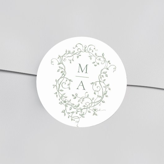 Sage Green Elegante Bloemkam Monogrammen Ronde Sticker