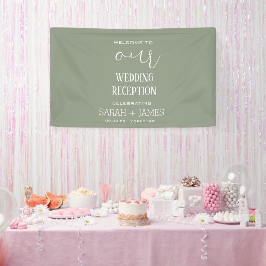 Sage Green Elegante bruiloft receptie Welkom Spandoek (Feest)