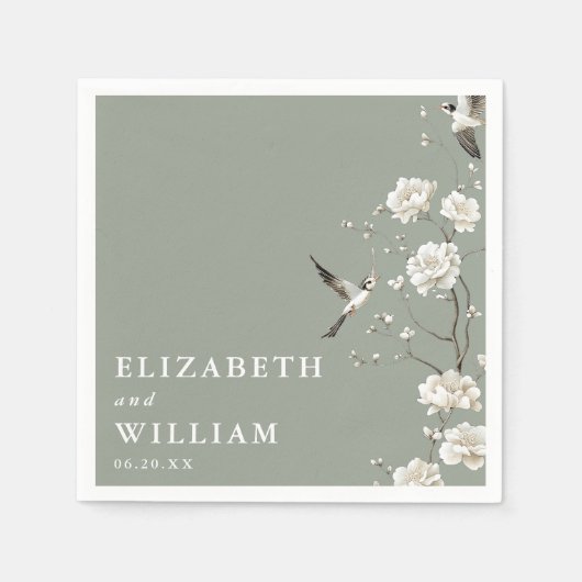 Sage Green Elegante Chinoiserie Bloemenbruiloft Servet (Voorkant)