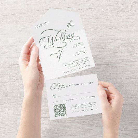 Sage Green Elegante Classy Calligraphy Wedding All In One Uitnodiging (Afscheurbaar)