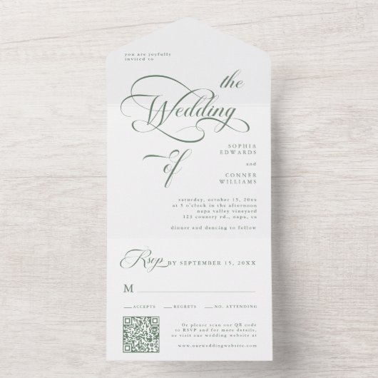 Sage Green Elegante Classy Calligraphy Wedding All In One Uitnodiging (Binnen)