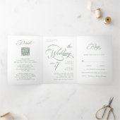 Sage Green Elegante Classy Calligraphy Wedding Drieluik Uitnodiging (Binnen)