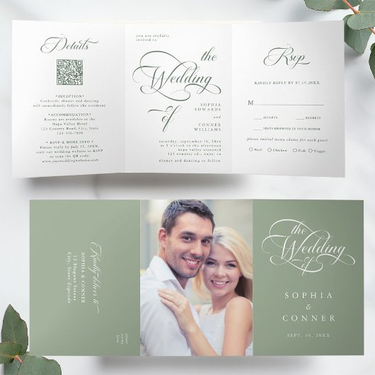 Sage Green Elegante Classy Calligraphy Wedding Drieluik Uitnodiging