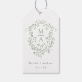 Sage Green Elegante Franse Floral Crest Wedding Cadeaulabel (Voorkant)