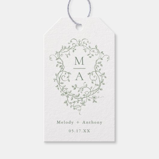 Sage Green Elegante Franse Floral Crest Wedding Cadeaulabel (Voorkant)