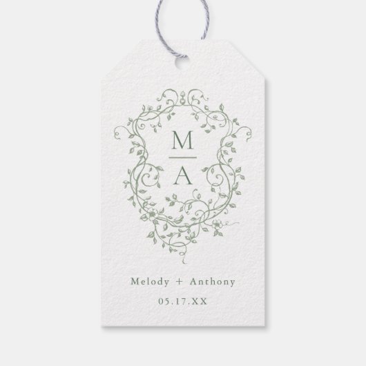 Sage Green Elegante Franse Floral Crest Wedding Cadeaulabel (Achterkant)