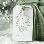 Sage Green Elegante Franse Floral Crest Wedding Cadeaulabel<br><div class="desc">Klassieke Franse Victoriaans salie groene bloemen huwelijkscadeau label. Voor meer geavanceerde aanpassing van dit ontwerp,  klikt u op de BUTTON DESIGN TOOL hierboven!</div>