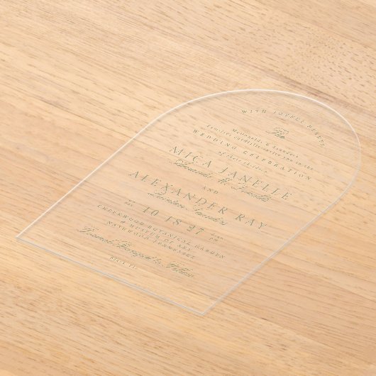 Sage Green Elegante Kalligrafie Formele bruiloft Acryl Uitnodigingen (Laagn)