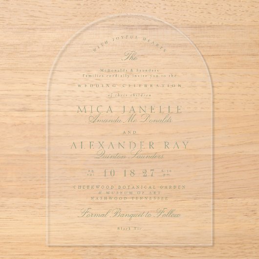 Sage Green Elegante Kalligrafie Formele bruiloft Acryl Uitnodigingen (Voorkant)