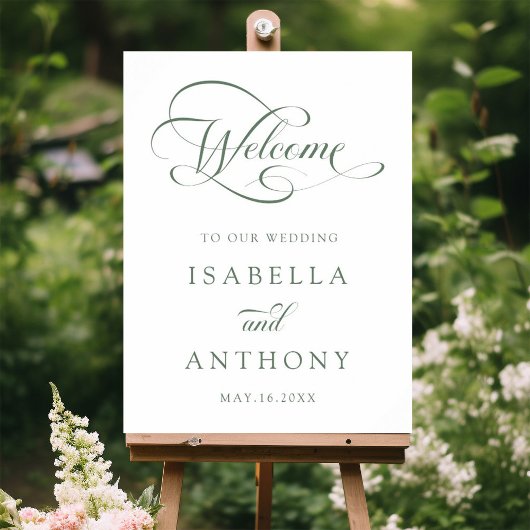 Sage Green Elegante Kalligrafie Huwelijk Welkom Poster