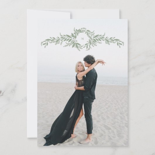 Sage Green Elegante Krans Ets lijst Fotobruiloft Kaart (Achterkant)