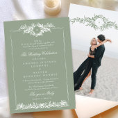 Sage Green Elegante Krans Ets lijst Fotobruiloft Kaart