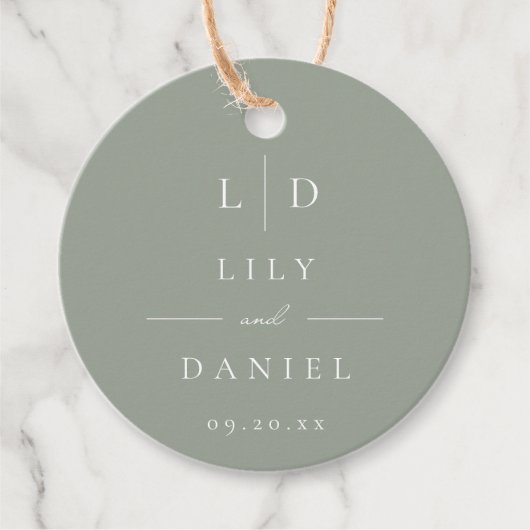 Sage Green Elegante Minimalistische Monogram Huwel Bedankjes Labels (Voorkant)