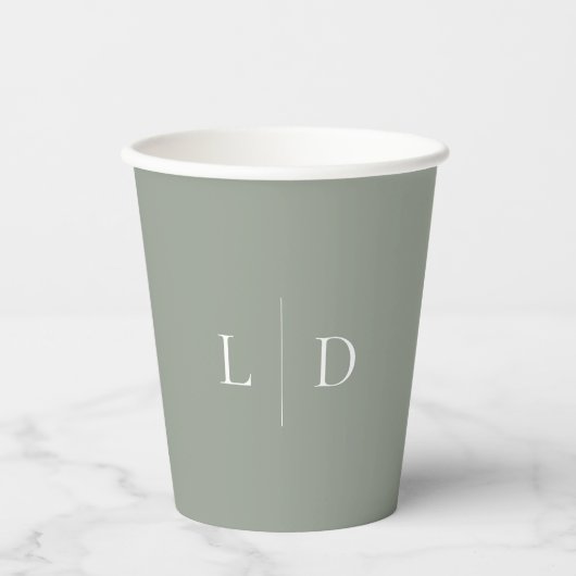 Sage Green Elegante Minimalistische Monogram Huwel Papieren Bekers (Voorkant)
