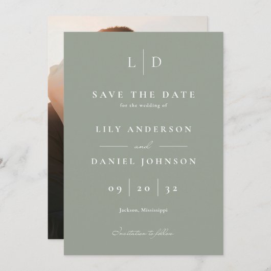 Sage Green Elegante Minimalistische Monogram Huwel Save The Date (Voorkant / Achterkant)