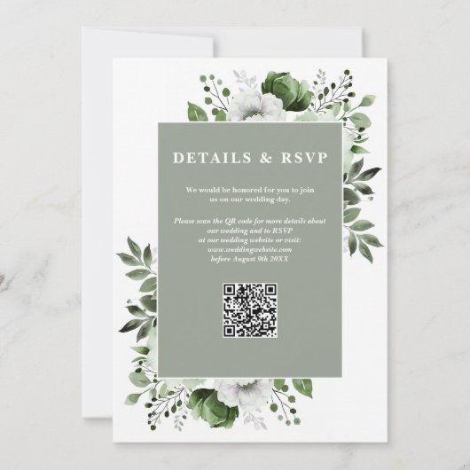 Sage Green Elegante Rustieke Bloemen QR Code Huwel Kaart (Achterkant)