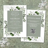 Sage Green Elegante Rustieke Bloemen QR Code Huwel Kaart