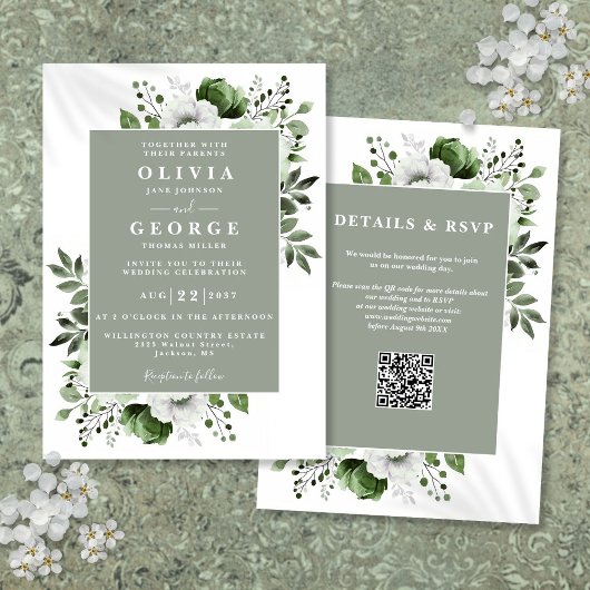 Sage Green Elegante Rustieke Bloemen QR Code Huwel Kaart