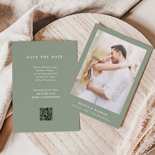 Sage Green Elegante Tekst en Foto Wedding QR Code Save The Date