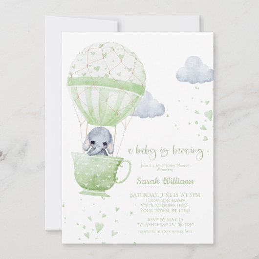 Sage Green Elephant Baby is Breedend Baby shower Kaart (Voorkant)