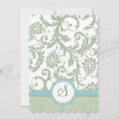 Sage Green en Aqua Damask Wedding Invite Kaart (Achterkant)