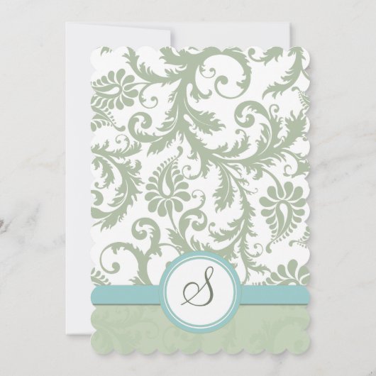 Sage Green en Aqua Damask Wedding Invite Kaart (Achterkant)