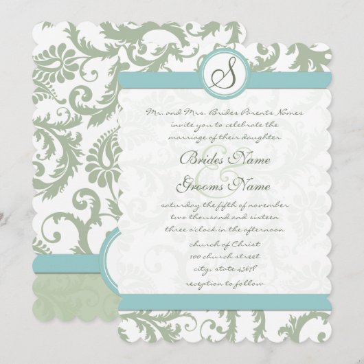 Sage Green en Aqua Damask Wedding Invite Kaart (Voorkant / Achterkant)