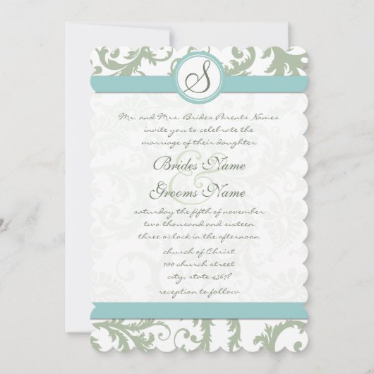 Sage Green en Aqua Damask Wedding Invite Kaart (Voorkant)