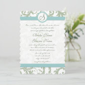 Sage Green en Aqua Damask Wedding Invite Kaart (Staand voorkant)