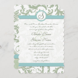 Sage Green en Aqua Damask Wedding Invite Kaart