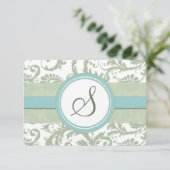 Sage Green en Aqua Damask Wedding RSVP (Staand voorkant)