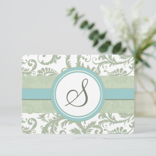 Sage Green en Aqua Damask Wedding RSVP (Staand voorkant)