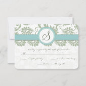 Sage Green en Aqua Damask Wedding RSVP Kaartje (Achterkant)