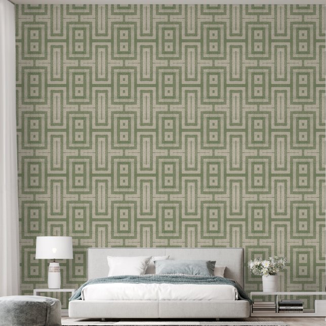 Sage Green en Beige MCM Modern Print Behang (Slaapkamer)