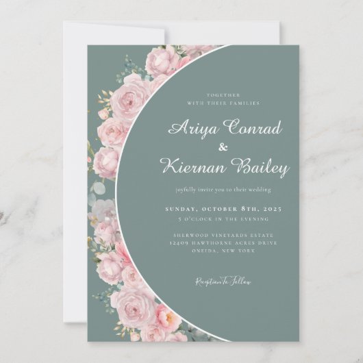Sage Green en Blush Bloemen Huwelijk Kaart (Voorkant)