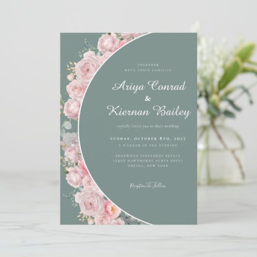 Sage Green en Blush Bloemen Huwelijk Kaart (Staand voorkant)