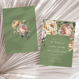 Sage Green en Blush Pink Peony bruiloft uitnodigin Kaart