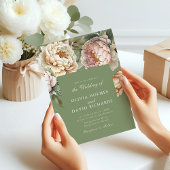 Sage Green en Blush Pink Peony bruiloft uitnodigin Kaart