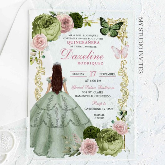 Sage Green en Blush Princess Quinceanera Acryl Uitnodigingen